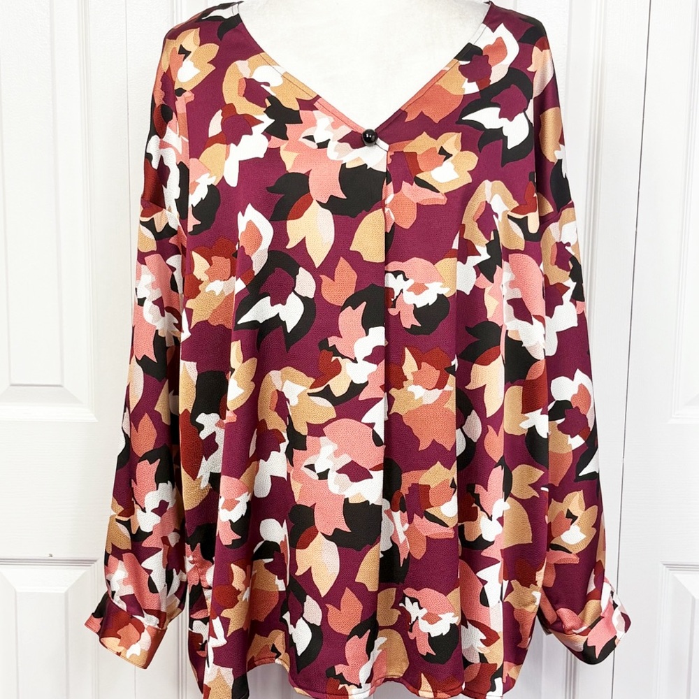 NWT Bar III Burgundy Red Abstract Floral Long Sleeve Blouse 2X